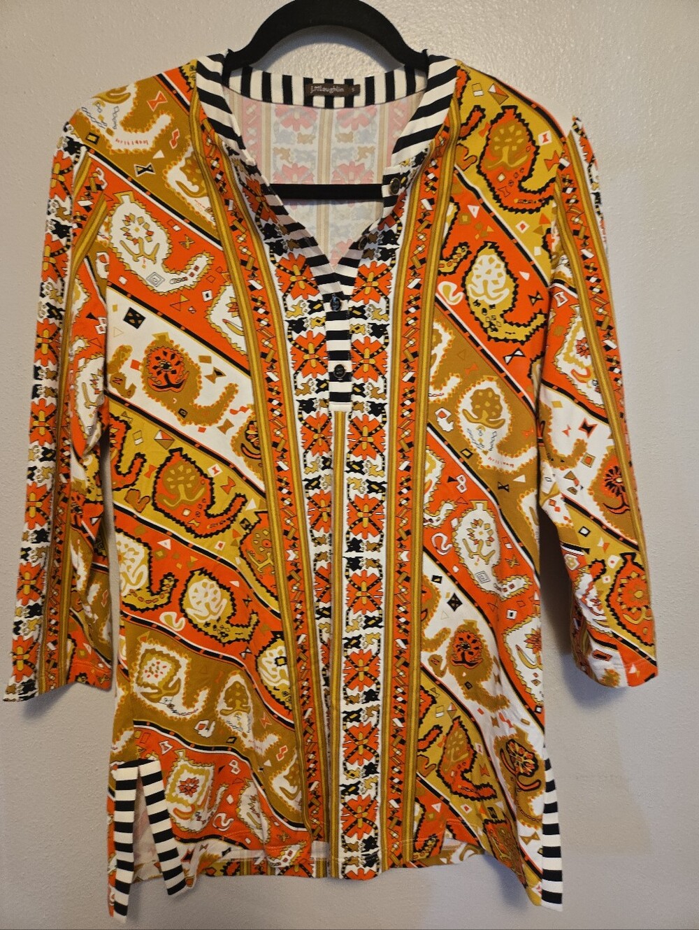 J. McLaughlin Pullover Stretch Top 3/4 Sleeves Orange Gold S